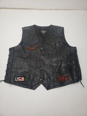 Diamond Plate Buffalo Leather Motorcycle Biker Vest 2X Black Patched Lace Side